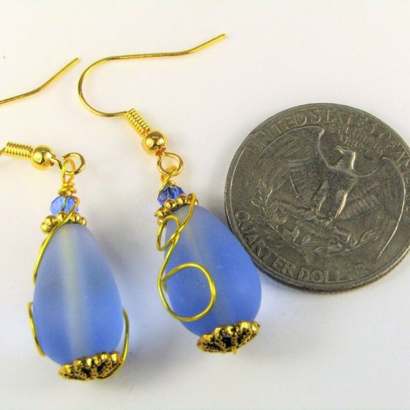 Cobalt Blue Sea Glass Gold Dangle Earrings - Picture 4 of 4